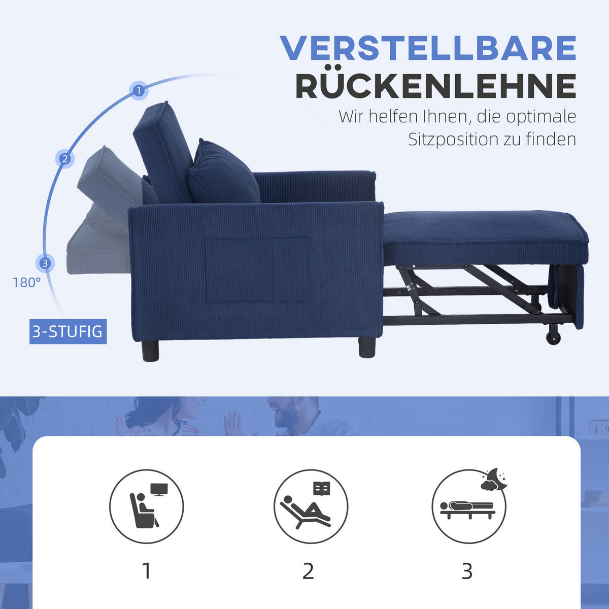 SCHLAFSESSEL, 3-in-1 , Kord, Blau - Blau, Kunststoff (84/81/74cm) - HOMCOM