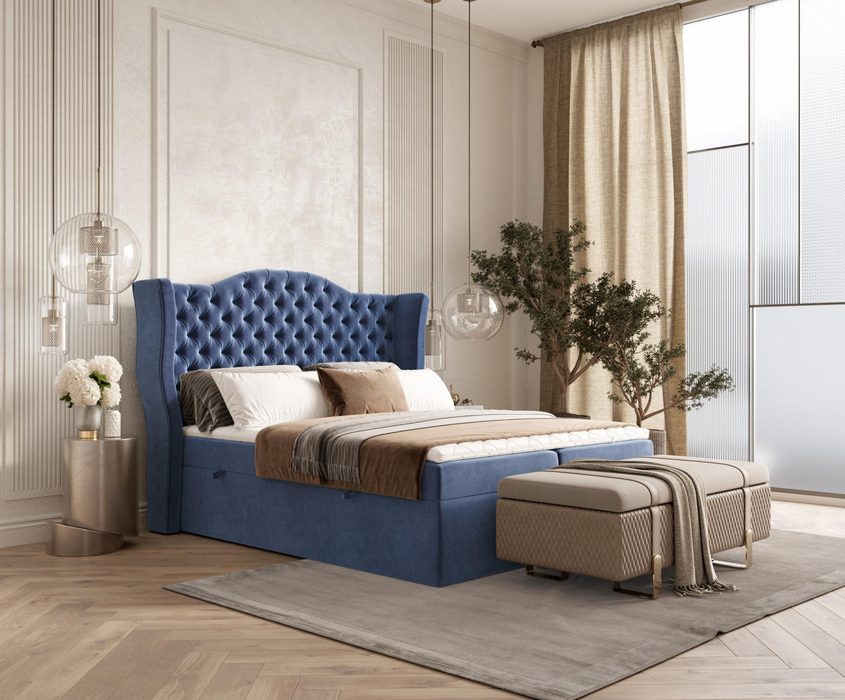 BOXBETT Royal Dunkelblau 200/200 cm im Samtstoff - Schwarz/Dunkelblau, Holz/Holzwerkstoff (200/200cm) - Maison de Reve