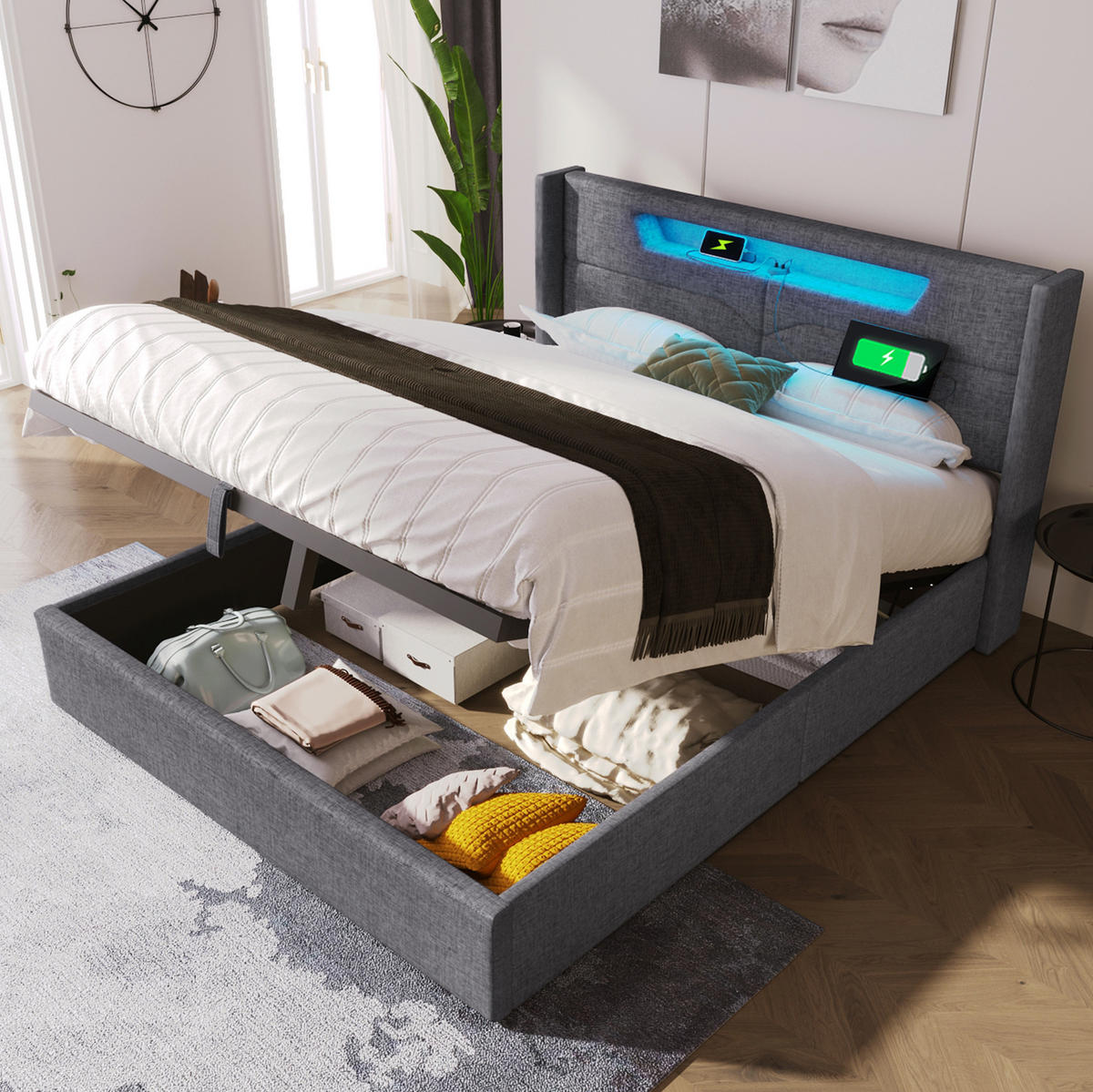 POLSTERBETT mit LED und USB/Type-C 140x200 cm Leinen Grau - Grau, Metall (140/200cm) - Meubliv