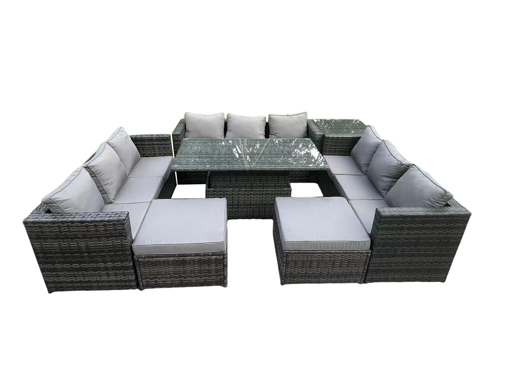 GARTENMÖBEL HÖHENVERSTELLBARER ESSTISCH SET MIT HOCKER Polyrattan Outdoor 11-Sitzer - Dunkelgrau/Grau, Glas/Kunststoff - Fimous