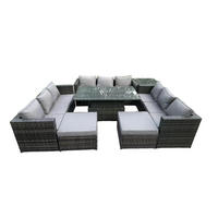 GARTENMÖBEL HÖHENVERSTELLBARER ESSTISCH SET MIT HOCKER Polyrattan Outdoor 11-Sitzer - Dunkelgrau/Grau, Glas/Kunststoff - Fimous