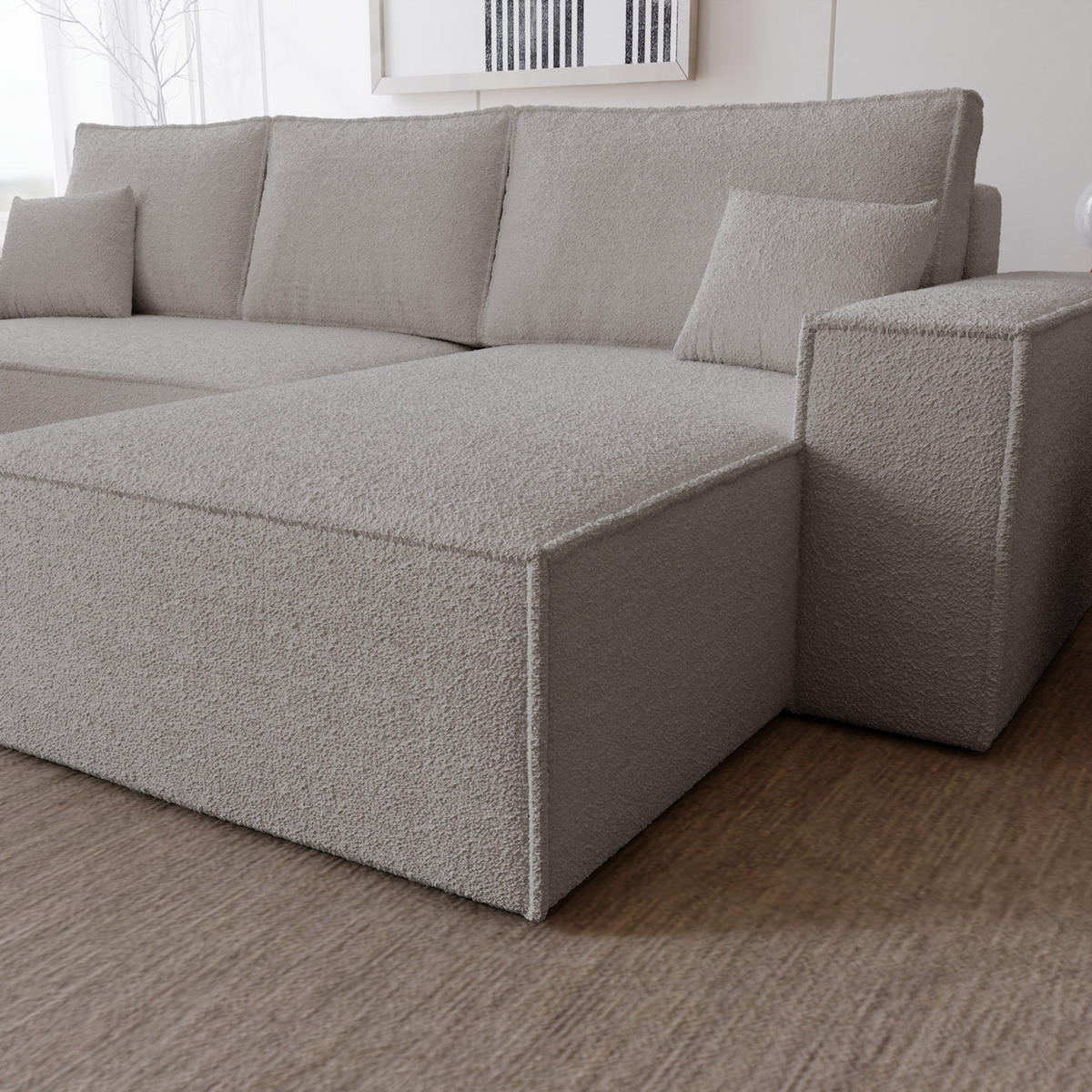 ECKSOFA Bouclé 280 cm Bergamo L mit Bettkasten, Schlaffunktion, Rechts - Hellgrau - Hellgrau, Holz (189/277cm) - Emporius
