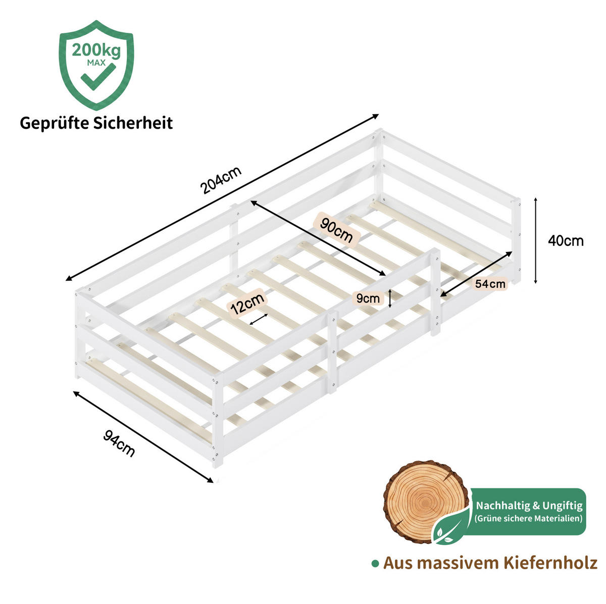 KINDERBETT Montessori 90/200 cm, weiß mit Lattenrost - Weiß, Holz (90/200cm) - MIVRAY