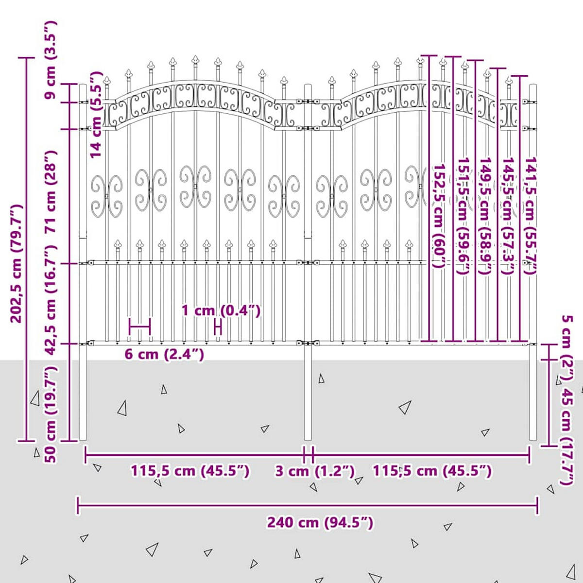 GARTENZAUN mit Speerspitze, 240/150 cm, aus Pulverbeschichteter Stahl, Schwarz - Schwarz, Metall (240/140cm) - vidaXL