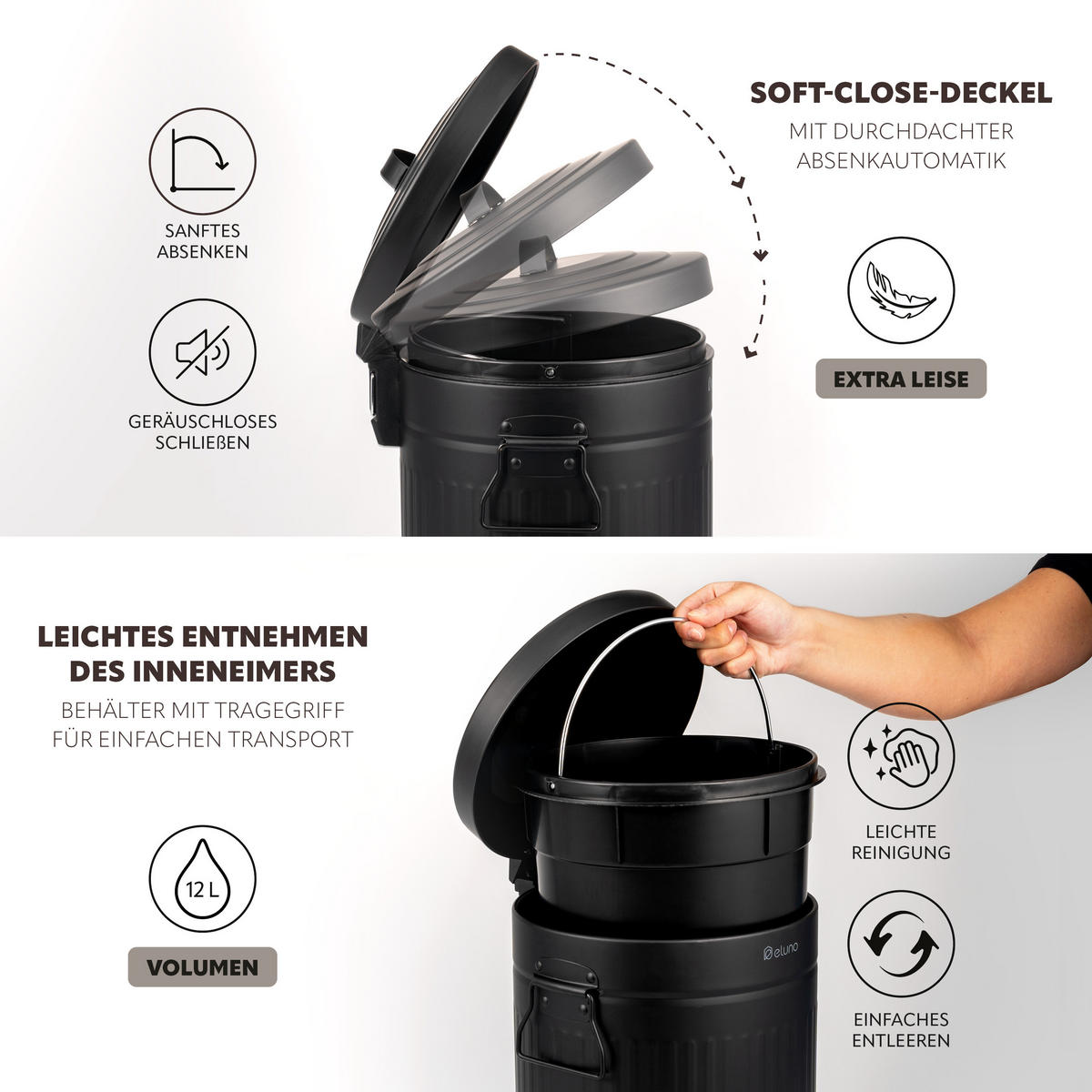 ABFALLEIMER Treteimer VINTAGE, 12 Liter, aus Metall, schwarz - Schwarz, Metall (25.5/42.5/25.5cm) - eluno