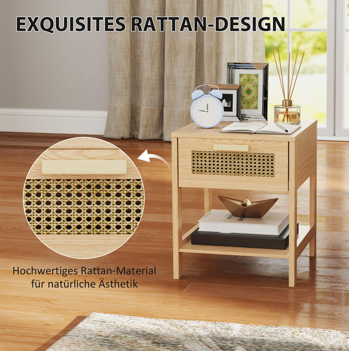 NACHTTISCH 40/40/48,4 cm Natur aus Holz mit Rattan-Schublade - Hellbraun, Holz (40/48.4/40cm) - OKWISH
