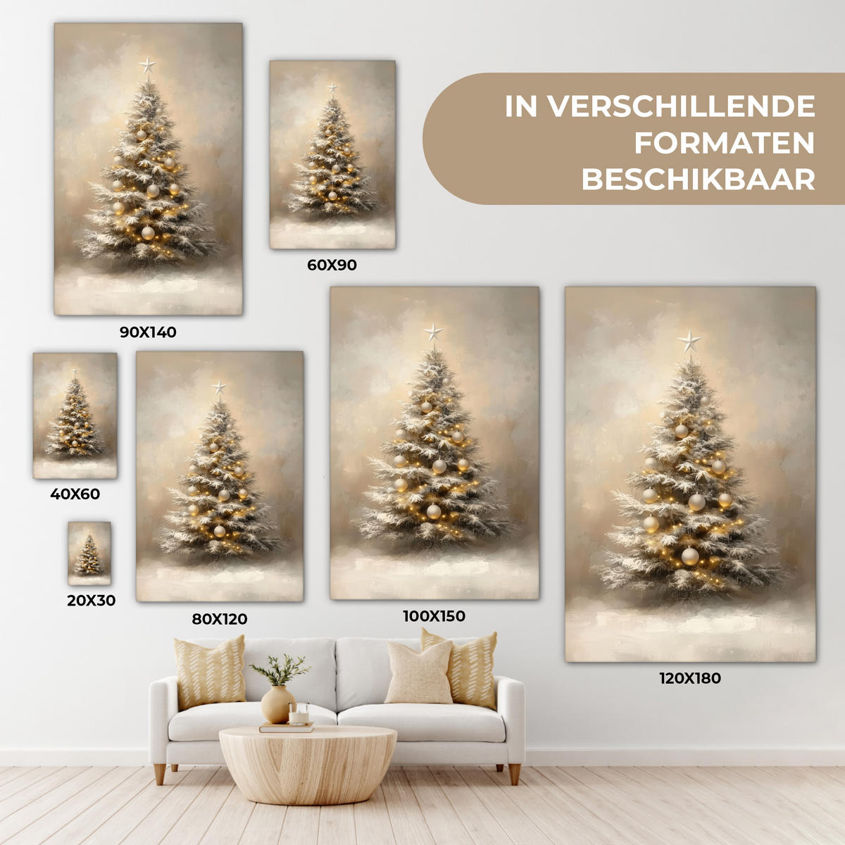 LEINWANDBILD Weihnachten - Weihnachtsbaum - Schnee - Kunst Wanddeko Schlafzimmer 60x90 cm - Champagner, Textil (60/90cm) - MuchoWow