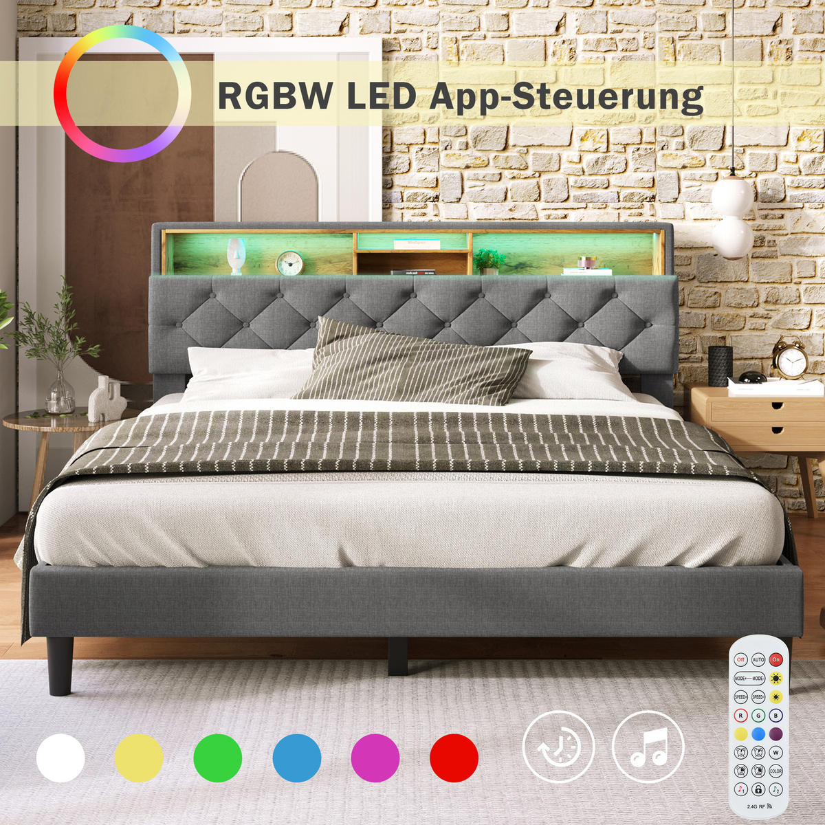 POLSTERBETT 140/200 cm in Grau Leinen mit Stauraum-Kopfteil und LED - Grau, Holzwerkstoff/Textil (140/200cm) - WISHDOR