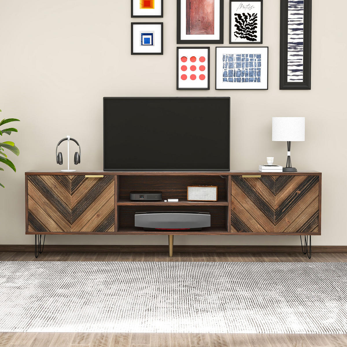 TV-ELEMENT155X38X48CM Massivholzfurnier-Lowboard mit zwei Türen und Goldgriffen - Naturfarben, Holz (45/17/170cm) - Raelunyi