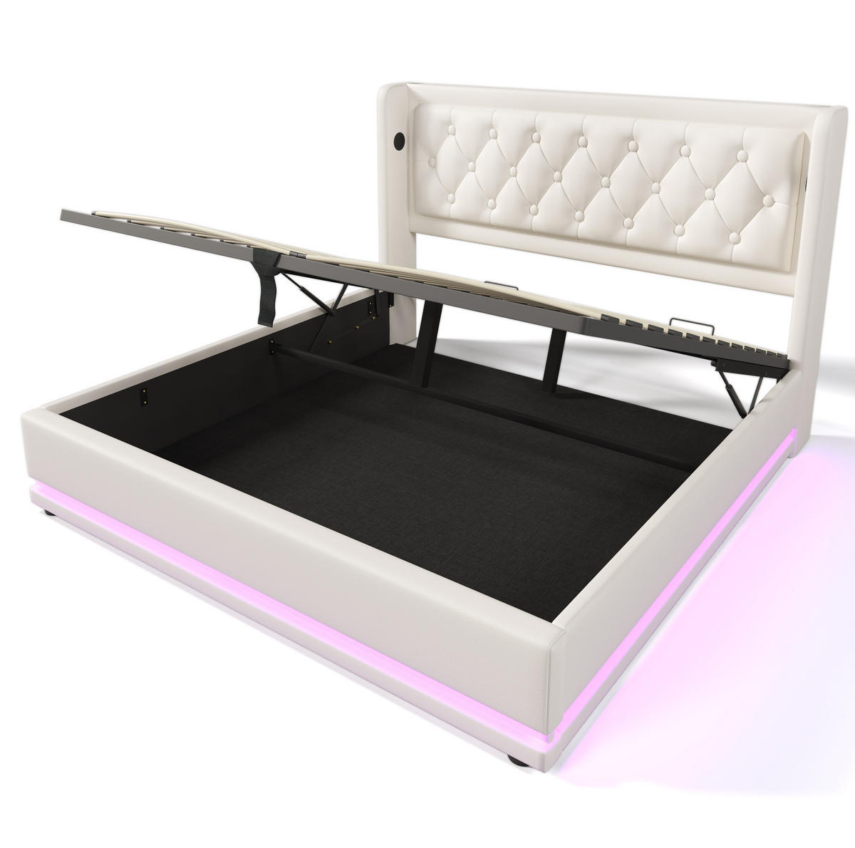 POLSTERBETT mit Bettkasten 180/200 cm in Weiß PU mit LED und USB-C - Weiß, Kunststoff (180/200cm) - BEAOK