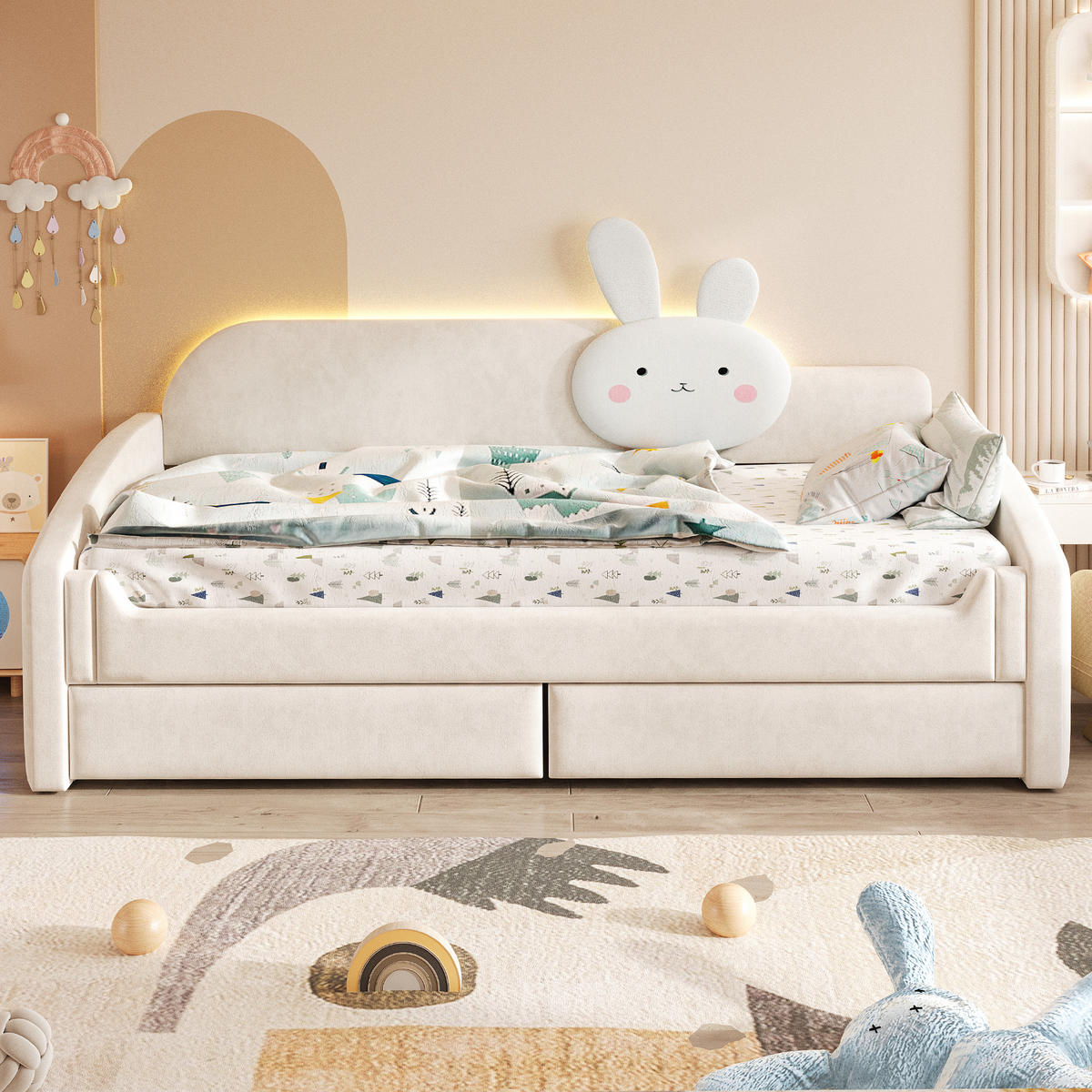 KINDERBETT 90x200cm Samt LED Stauraum Hasenkissen Beige - Beige, Textil (90/200cm) - FLIEKS