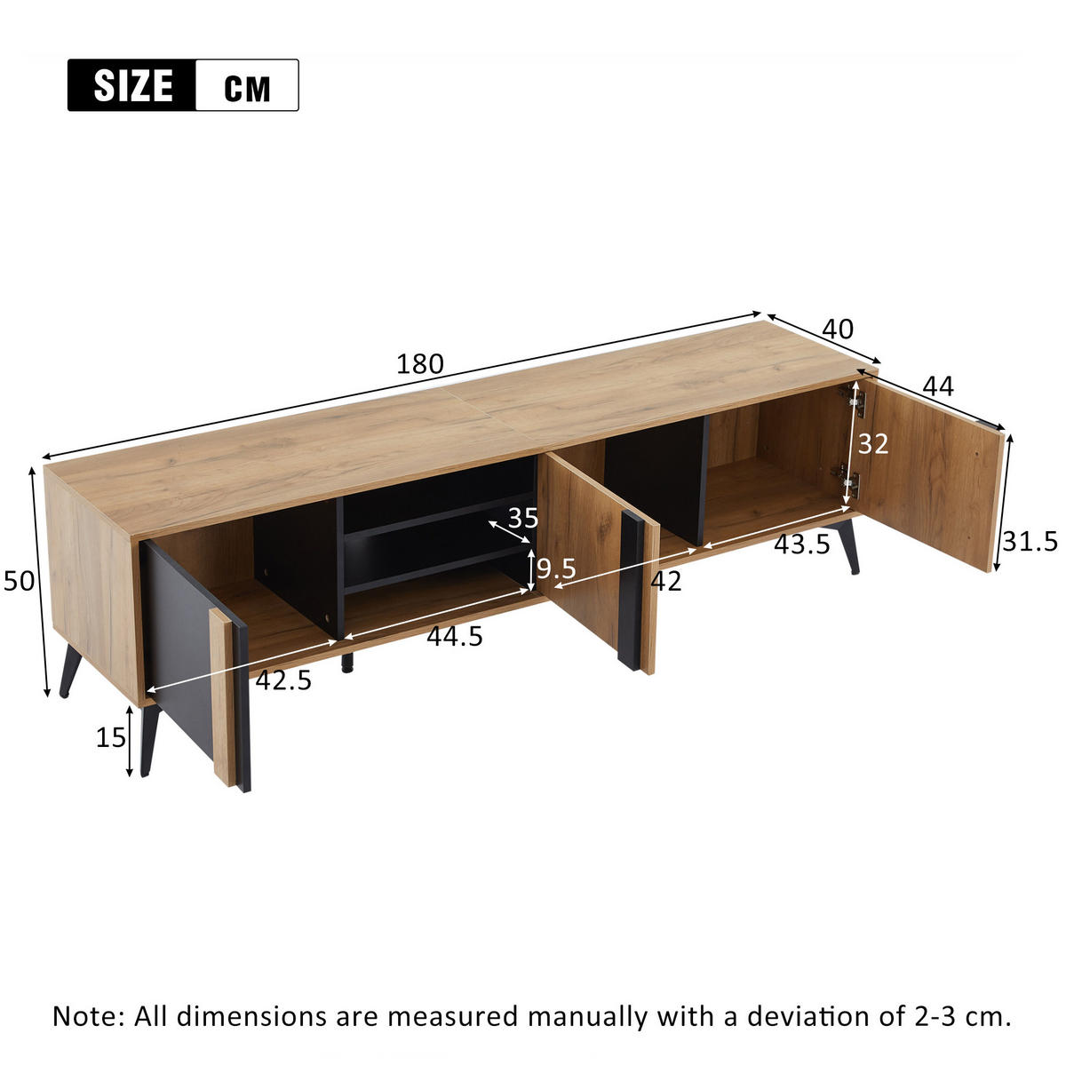 LOWBOARD 180/40/50 cm aus Spanplatte mit 3 Türen und Kabelmanagement Schwarz/Braun - Schwarz, Holzwerkstoff (180/50/40cm) - Modenvie