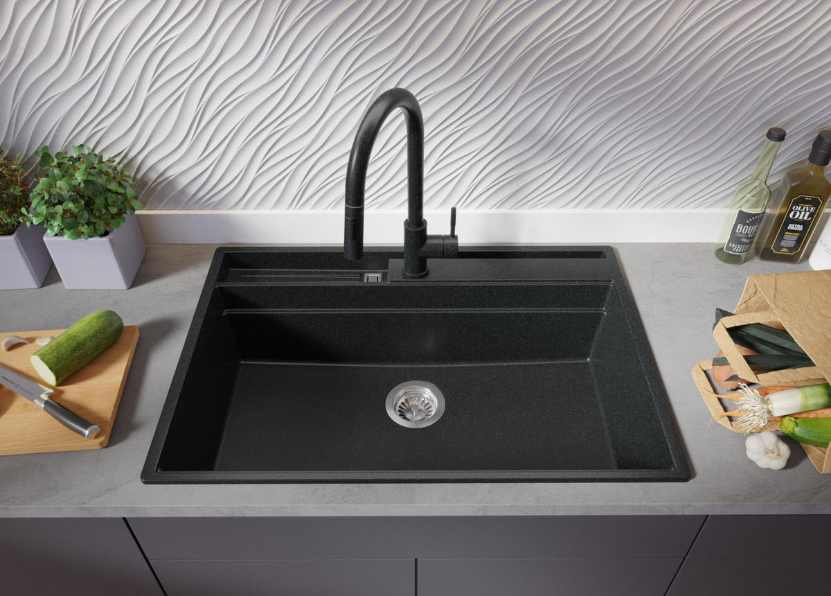 SPÜLBECKEN Oslo Pocket, 2-er set Anthrazit 78/53 cm 1 Becken + Ablauf-Set + Küchenzubehörset ab 80er Unterschrank - Chromfarben/Anthrazit, Kunststoff (78/20/53cm) - Primagran