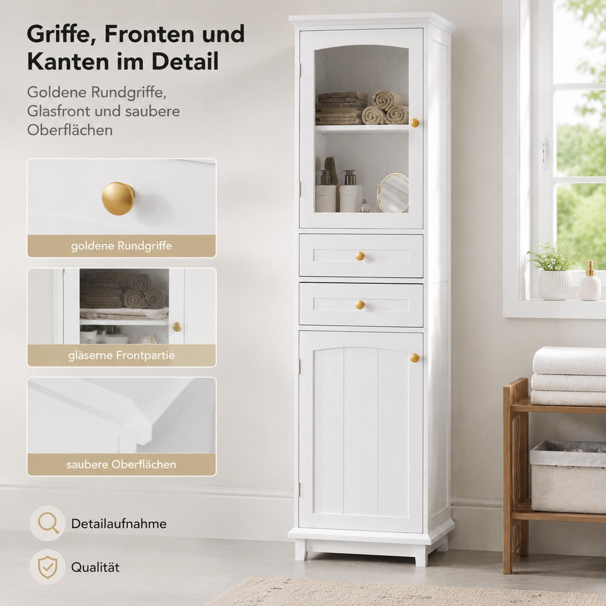 VITRINE 45/36/160 cm aus MDF und Glas mit 2 Schubladen und verstellbaren Einlegeböden Weiß - Weiß, Holzwerkstoff (45/160/36cm) - Modenvie