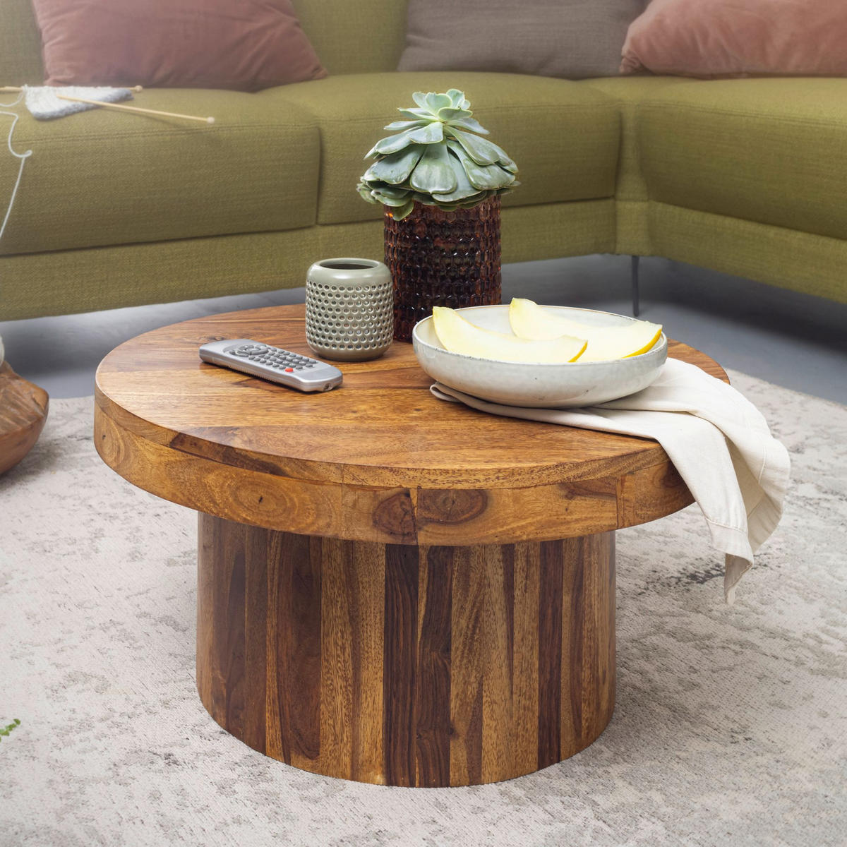 COUCHTISCH aus Massivholz Sheesham in Braun, Lackiert, mit robustem Sockelfuß, Maße 60x60x30 cm - Braun, Holz (60/60/30cm) - KADIMA DESIGN