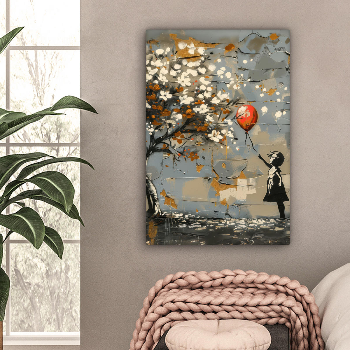 LEINWANDBILD Baum - Graffiti - Banksy-Stil - Ballon-Mädchen Wanddeko Schlafzimmer 60x90 cm - Blaugrau, Textil (60/90cm) - MuchoWow