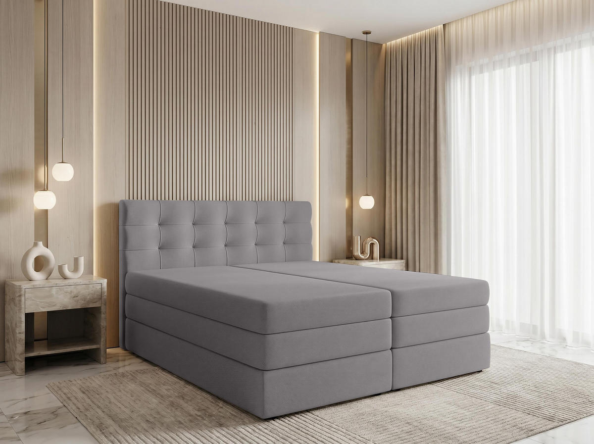 BOXSPRINGBETT FINIKE 160x200 cm mit Bettkasten und 2 Matratzen - Hellgrau + TOPPER - Hellgrau/Schwarz, Holz/Holzwerkstoff (160/200cm) - AX Living