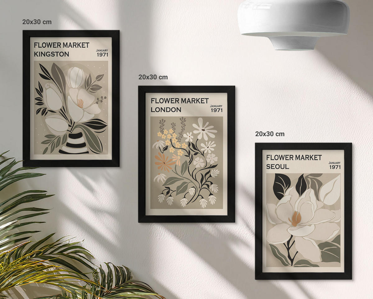 WANDBILDER 3er-Set - 20x30 cm Schwarzer Rahmen - Retro-Blumen aus Städten rund um die Welt - Schwarz, Kunststoff (20/30cm) - ArtPrintCave
