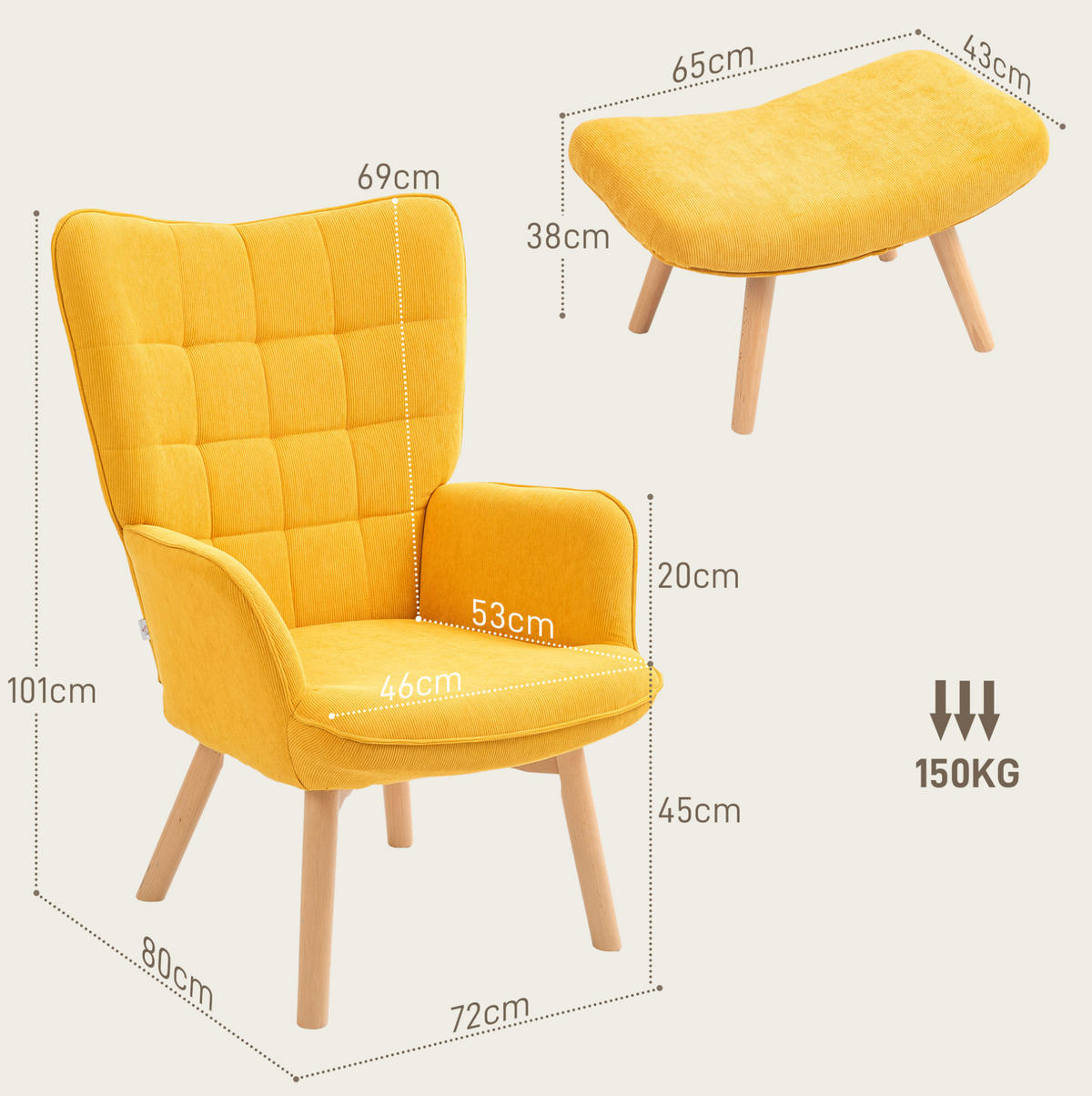 KŘESLO s podnožkou 72/80/101 cm oranžové z polyesteru s taburetem a bukovými nohami - pomerančová, textil (72/101/80cm) - OKWISH