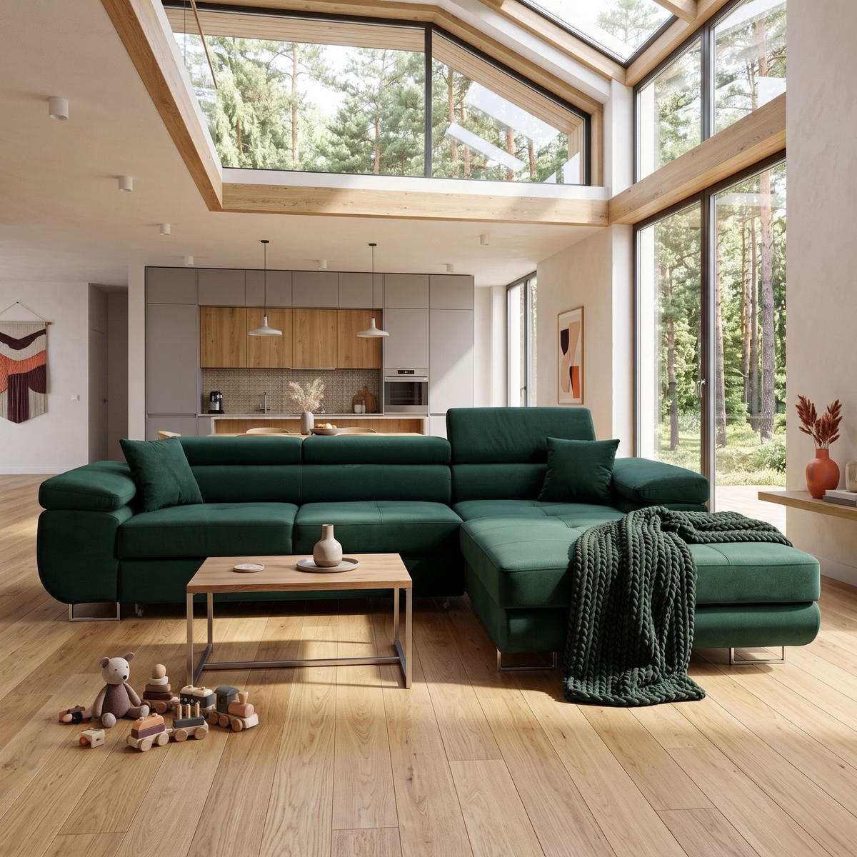 ECKSOFA ALONZO L Rechts mit Schlaffunktion 125x195 Velours Grün - Silberfarben/Grün, Holz/Textil (203/275cm) - Muffo