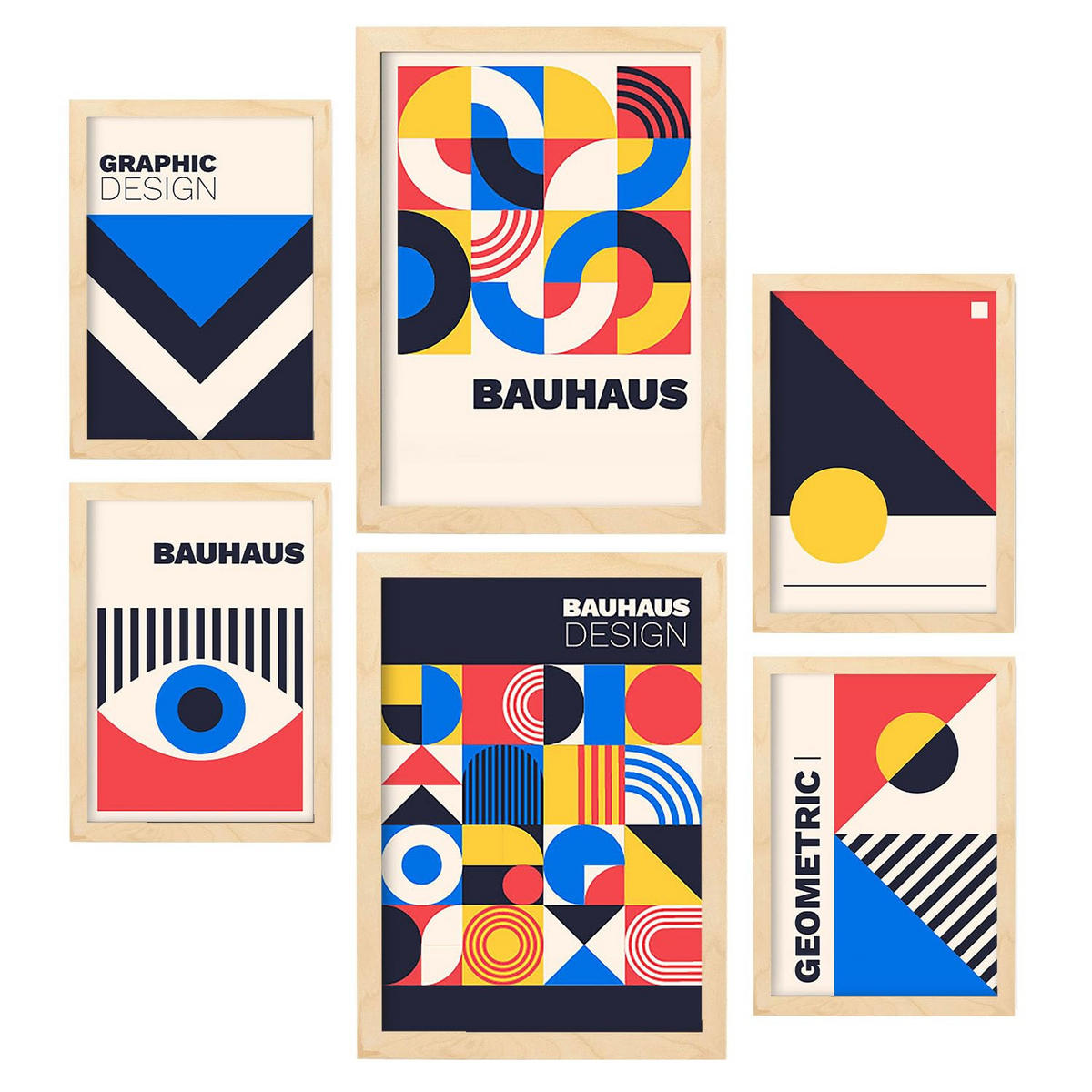 POSTER Set Mit 6 Bauhaus-Stil 4 Geometrisch Größe A3 & A4 Rahmen aus hellem Holz - Beige, Papier (29.7/1cm) - Nacnic