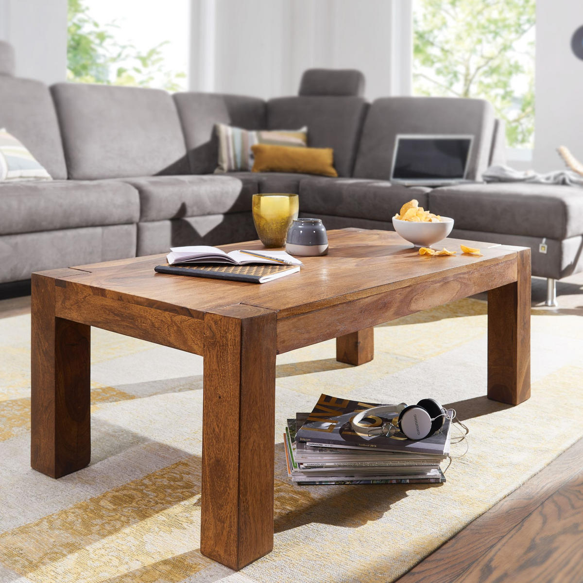 COUCHTISCH aus Akazienholz, rustikal, quadratisch, handgefertigt, Braun 110x60x40 cm - Braun, Holz (60/110/40cm) - KADIMA DESIGN