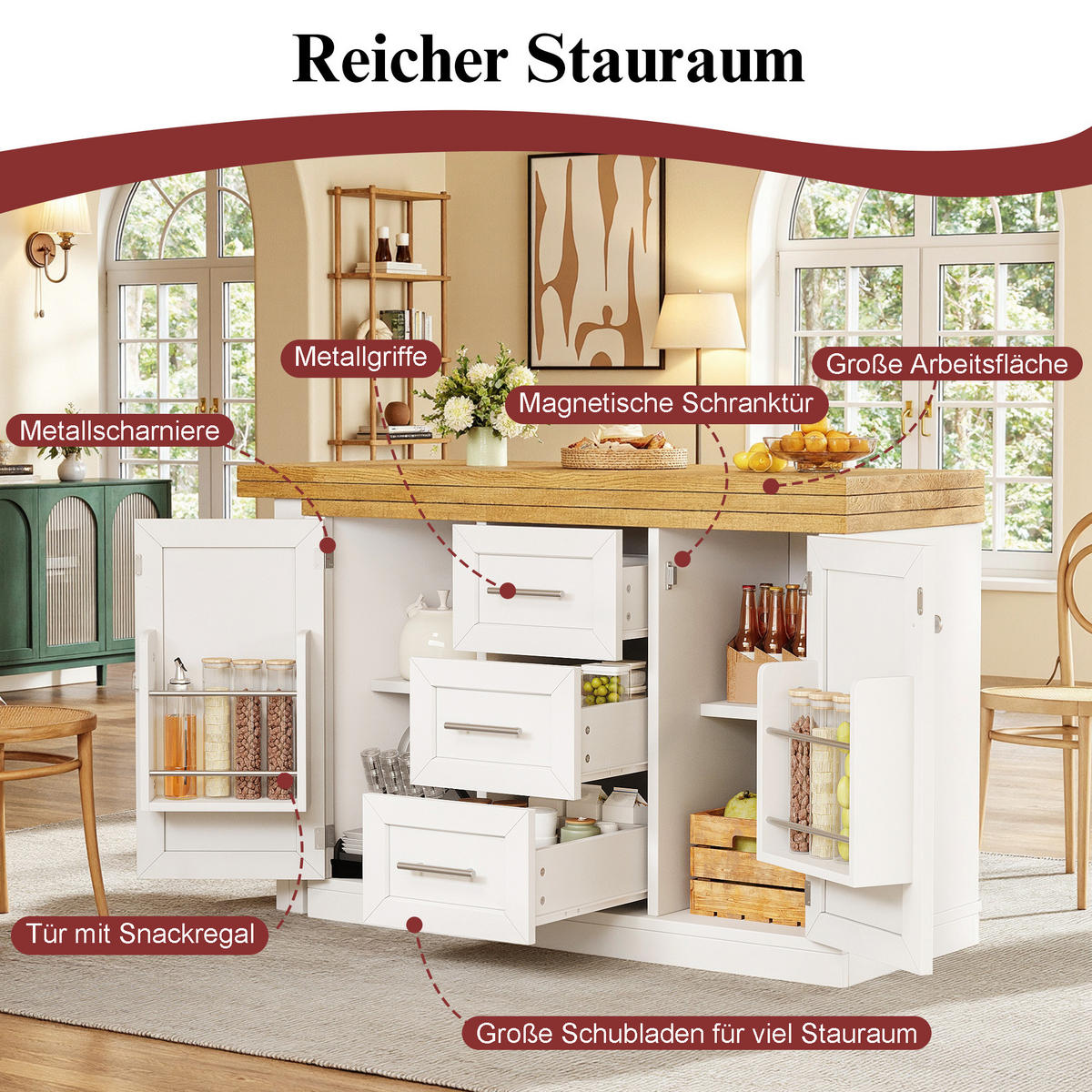 KÜCHENINSEL Ausziehbar 360° Theke Snackregal Schublade Weiß - Weiß, Holzwerkstoff (120/74/40cm) - FLIEKS