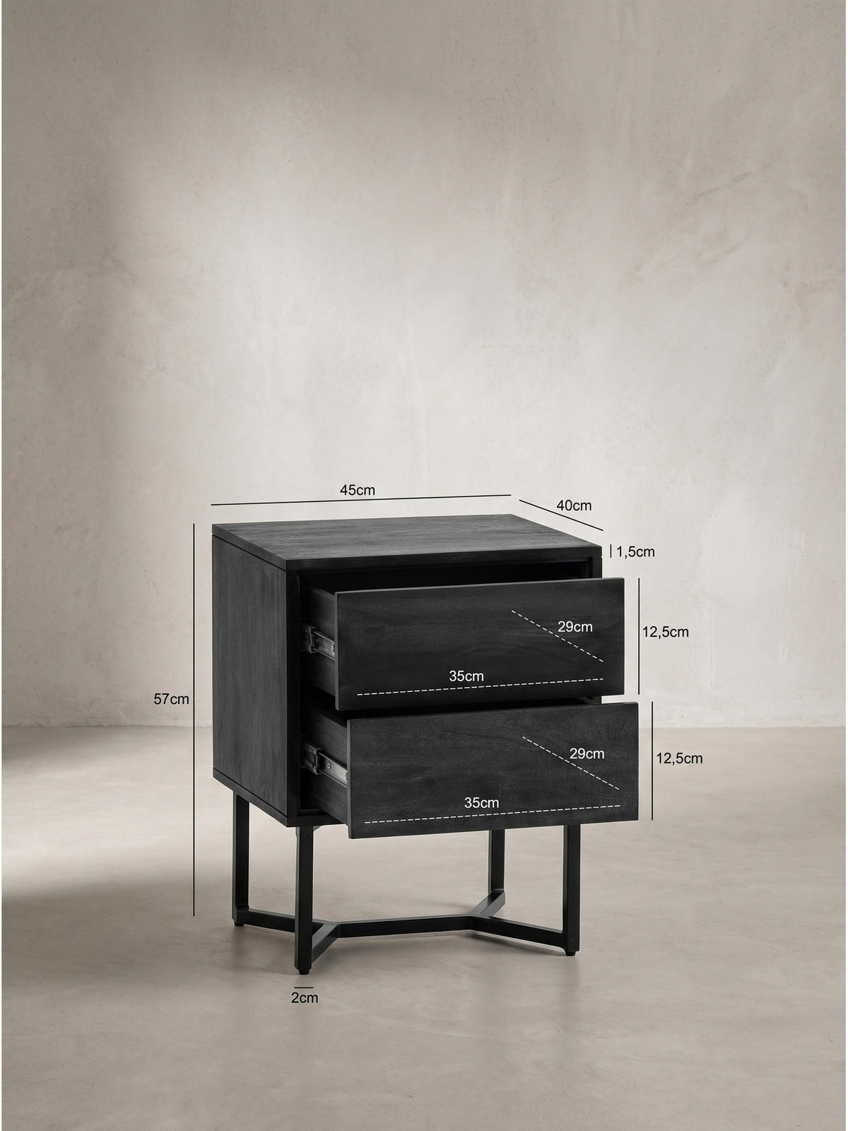 NACHTKONSOLE ORBIGO, Akazie Massivholz, Schwarz, 45 x 40 x 57 cm - Schwarz, Holz/Metall (45/57/40cm) - KADIMA DESIGN