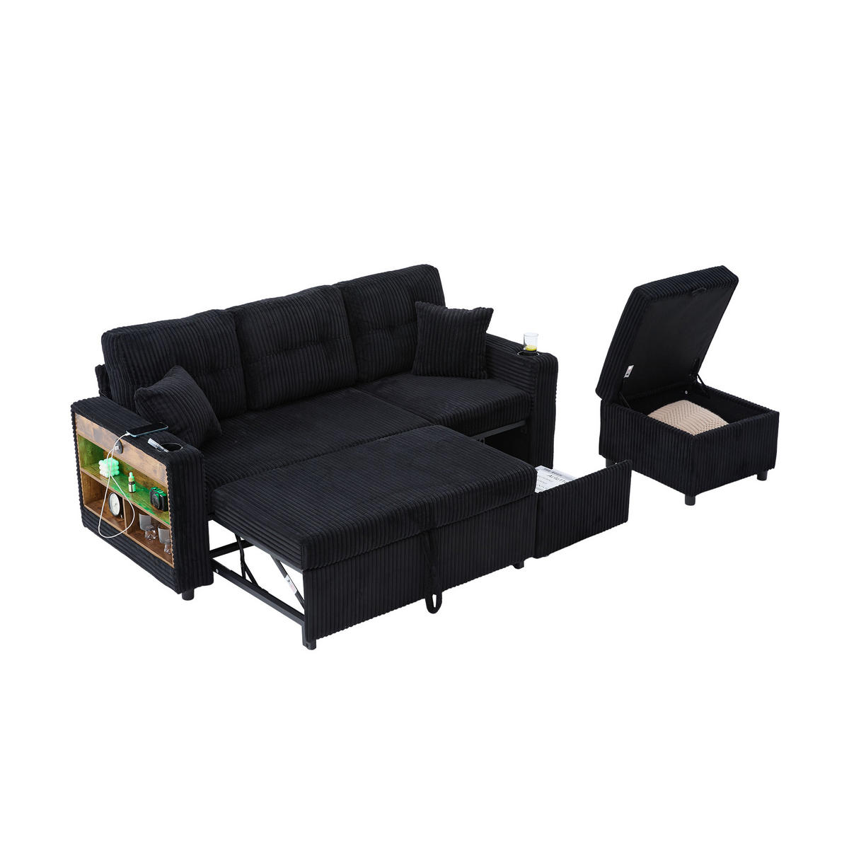 SOFA mit Schlaffunktion und Stauraum mit USB-C & LED-Beleuchtung Schwarz 196/82-144/85 cm - Schwarz, Textil (196/85/82cm) - OKWISH