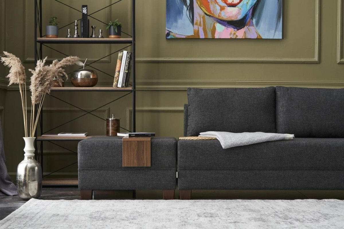 ECKSOFA mit rollbarer Schlaffunktion - Anthrazit/Walnussfarben, Holz/Textil (210/280cm) - myHomelando