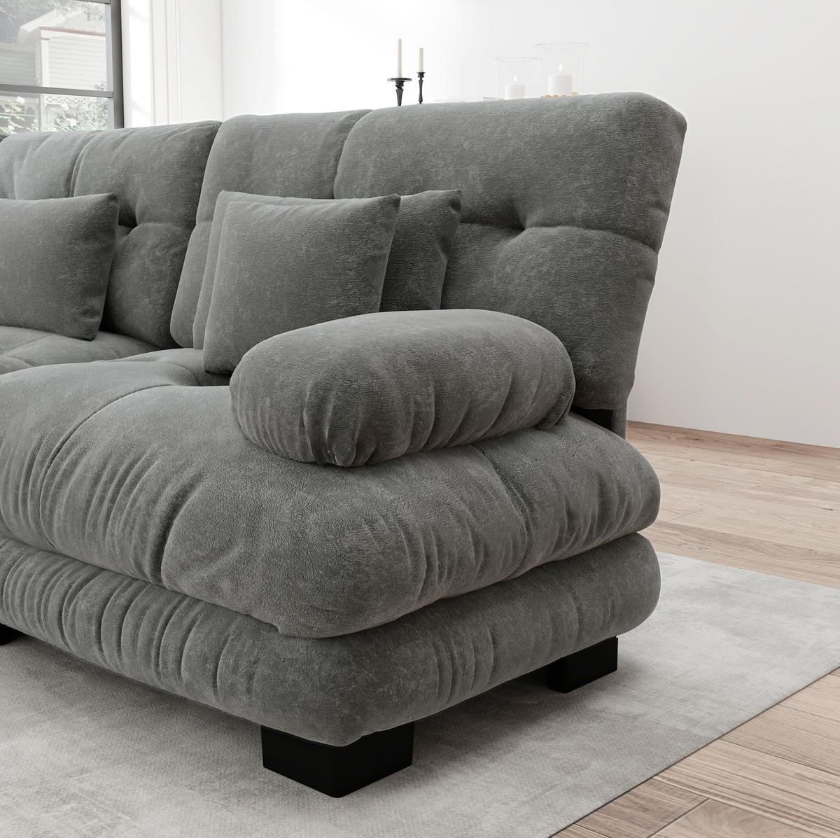 SOFA modular Chenille Grey mit 2 Ottomans und Kissen - Hellgrau, Kunststoff (145/81/220.1cm) - Meubliv