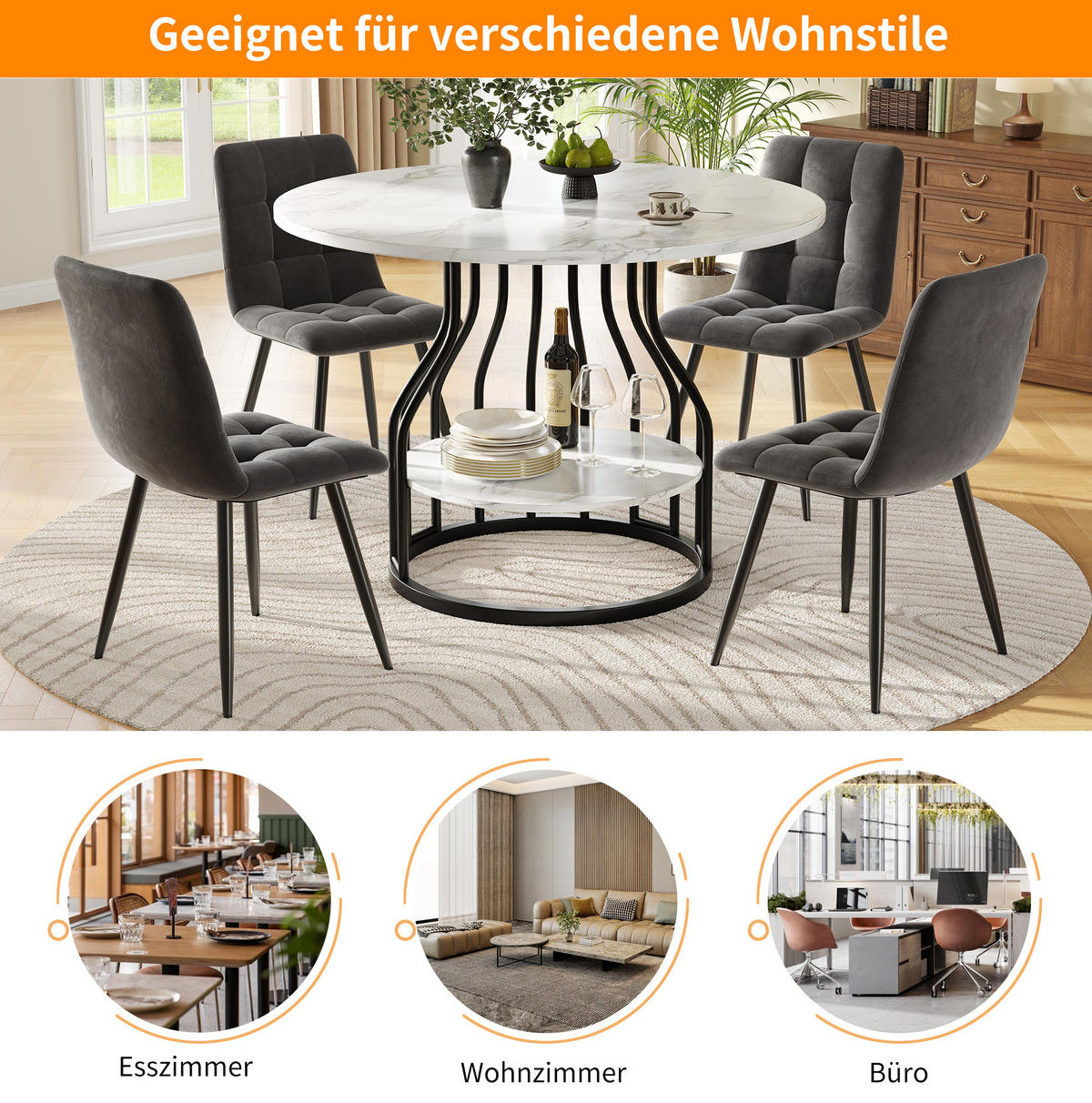 ESSTISCH rund 80/80/76 cm in Schwarz mit Stauraum und MDF-Tischplatte - Schwarz, Holzwerkstoff (80/80/76cm) - Flora Grace