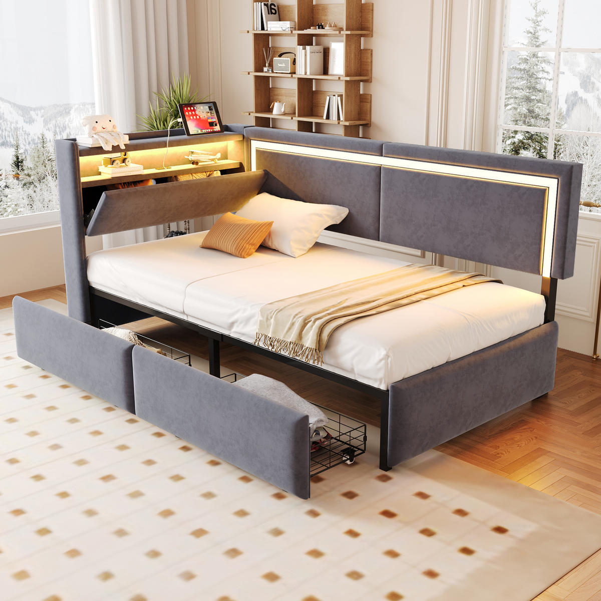 POLSTERBETT 90/200 cm dunkelgrau aus Samt mit LED und USB Kopfteil mit Stauraum - Dunkelgrau, Textil (90/200cm) - OKWISH