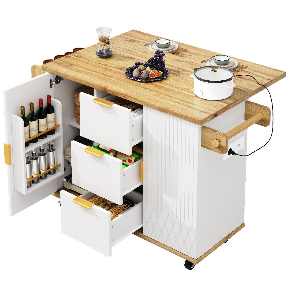 KÜCHENINSEL mit Stromanschluss und ausklappbarer Arbeitsplatte, Weiß-Holzoptik, 134/46/88 cm - Weiß, Kunststoff (46/88/134cm) - Rolipo