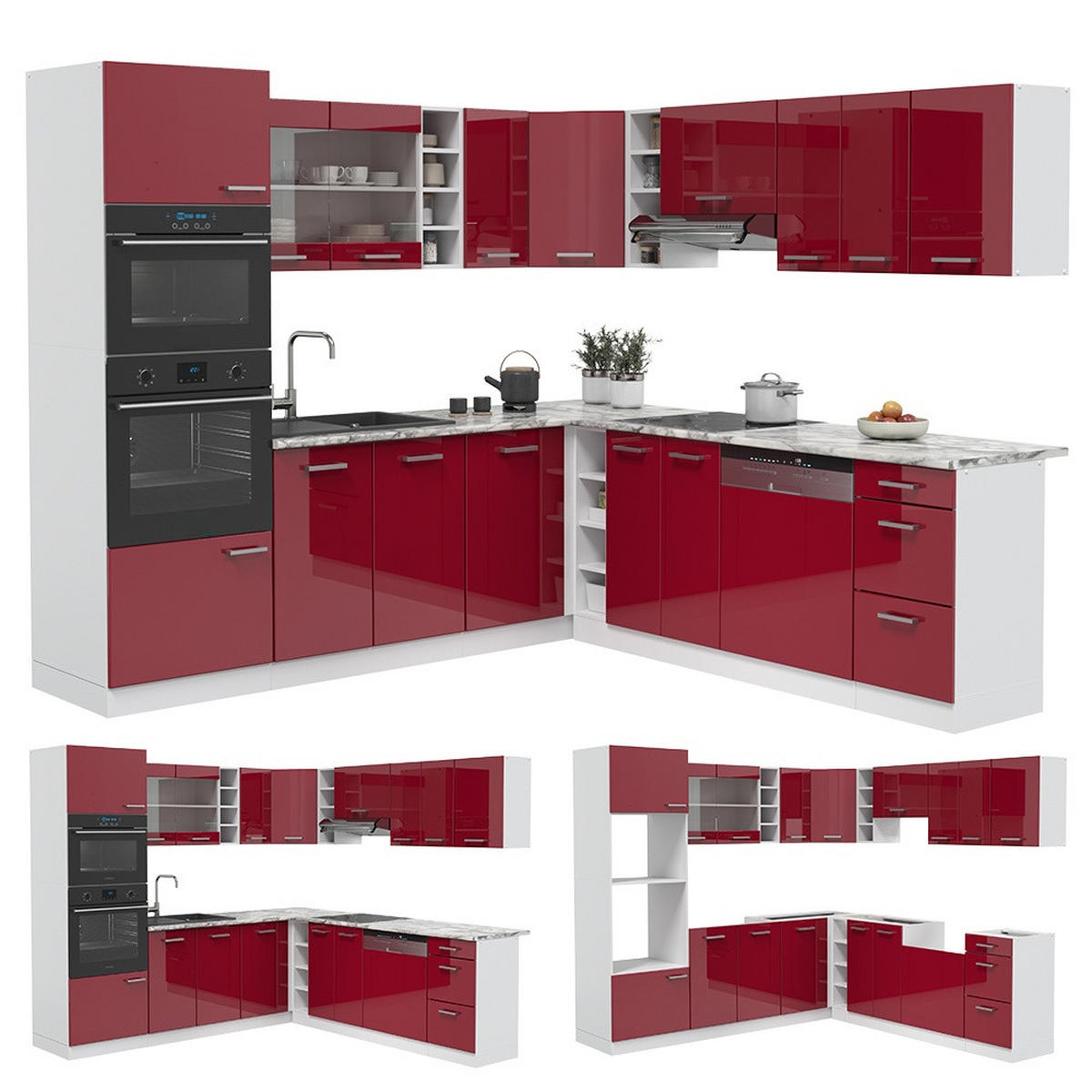 HÖRNKÖK R-Line, Röd högblank/Vit, 247 x 237 cm utan bänkskiva - Vit/Röd, Träbaserade material (247/206.8/46cm) - Vicco