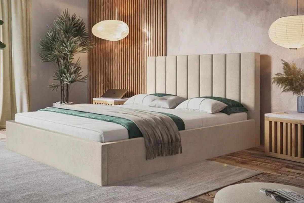POLSTERBETT SIM 9 mit Kopfteil, 120 x 200 cm mit Bettkasten und Lattenrost aus Holz, Velourstoff, Farbe: Beige - Beige, Holz/Kunststoff (120/200cm) - Sepro Meble