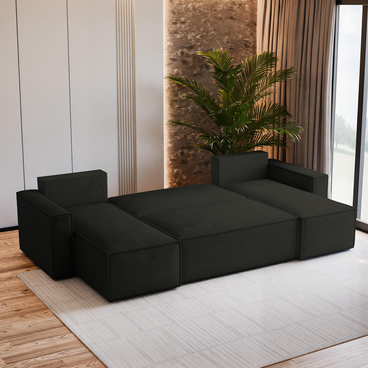 WOHNLANDSCHAFT PESANO M Schwarz Velours-Stoff mit Schlaffunktion - Schwarz, Holz (306/85/140cm) - MASSENO