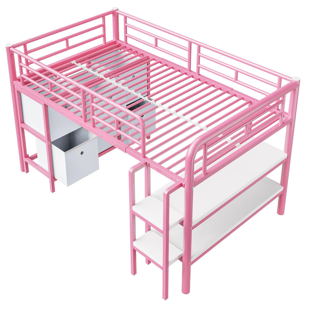 HOCHBETT aus MDF und Metall 90x200 cm Rosa mit Stauraum, breiten Stufen, Schubladen und Regalen - Rosa, Metall (90/200cm) - IVMEU