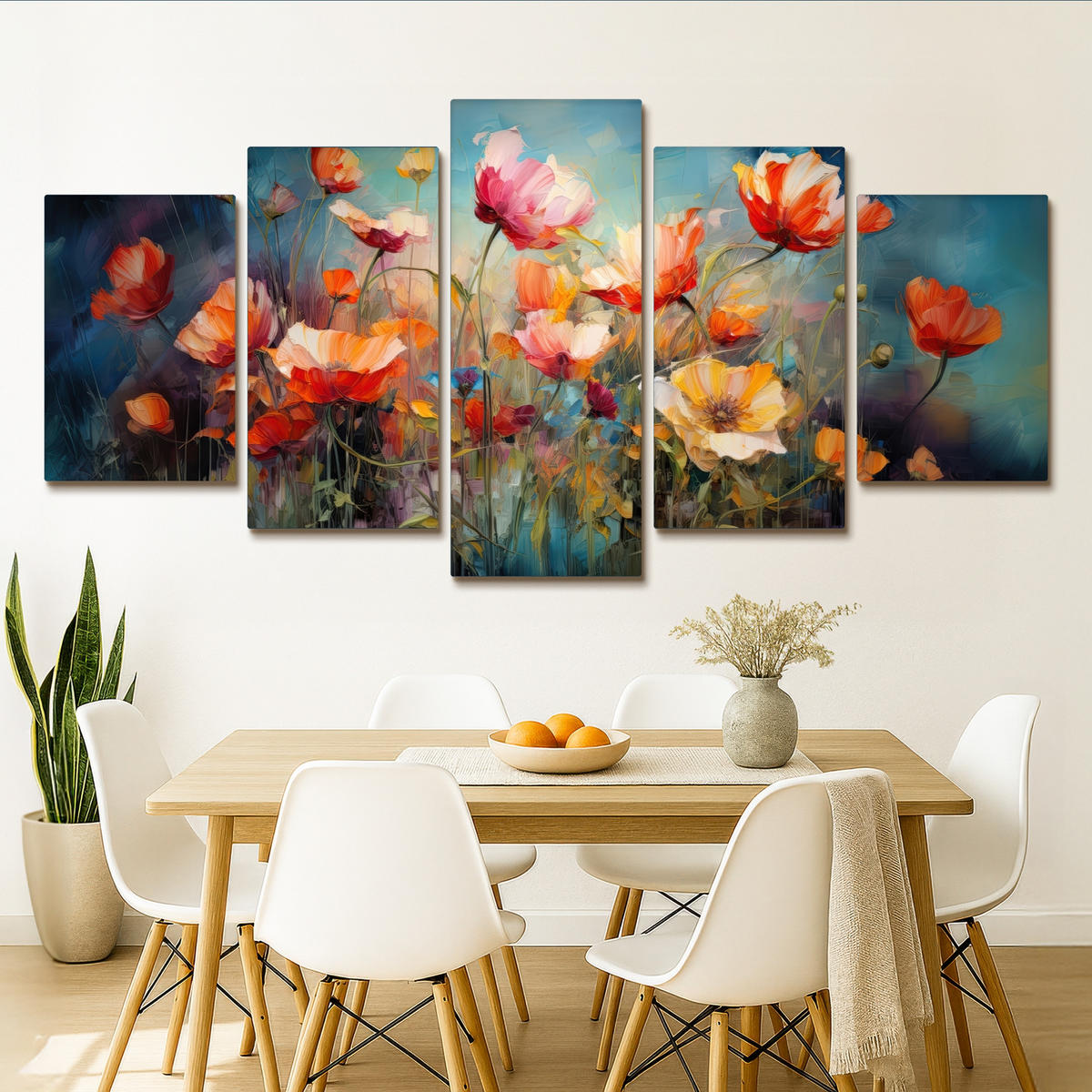LEINWANDBILD 5er Set Blumen - Bunt - Abstrakt 200x100 cm - Blaugrau, Textil (200/100cm) - MuchoWow