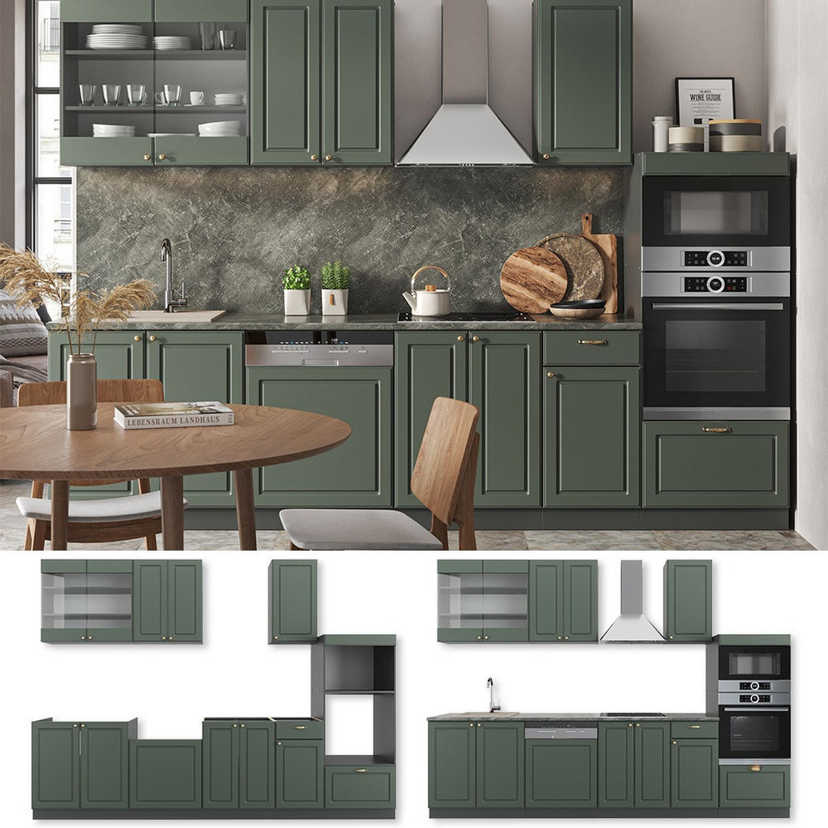 KUHINJSKI BLOK Fame-Line Zeleno-zlato Country House/Anthracite 300 cm z visoko omaro, DP Marmor - zelena/antracit, leseni material (300/153.6/60cm) - Vicco