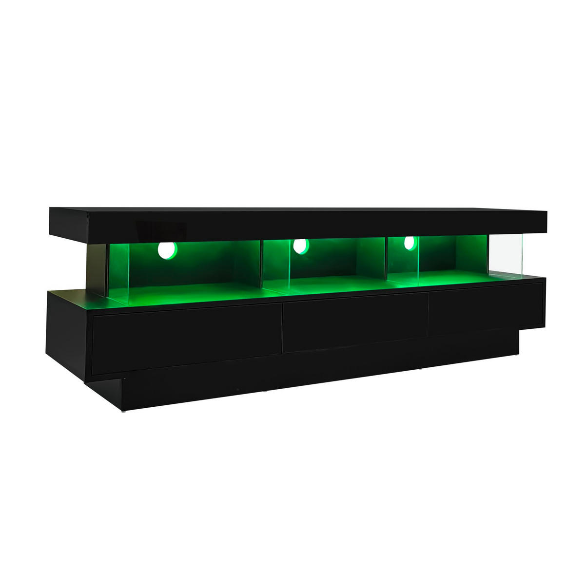 TV-LOWBOARD aus Spanplatte 160x38x50,5 cm Schwarz Hochglanz mit LED-Beleuchtung und 3 Glasfächern - Schwarz, Holzwerkstoff (160/50.5/38cm) - IVMEU