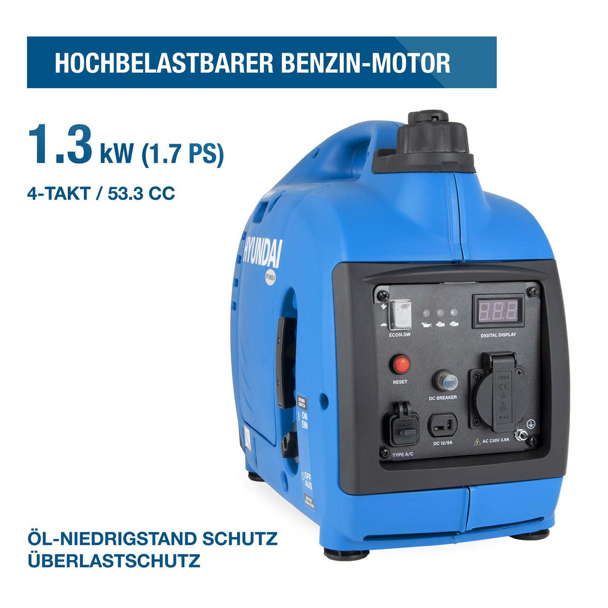 INVERTER-GENERATOR HY1000Si D (1 kW, tragbar, 1 x 230V + 1 x 12V, 1 x USB) - Blau, Kunststoff (44/47/23cm) - HYUNDAI