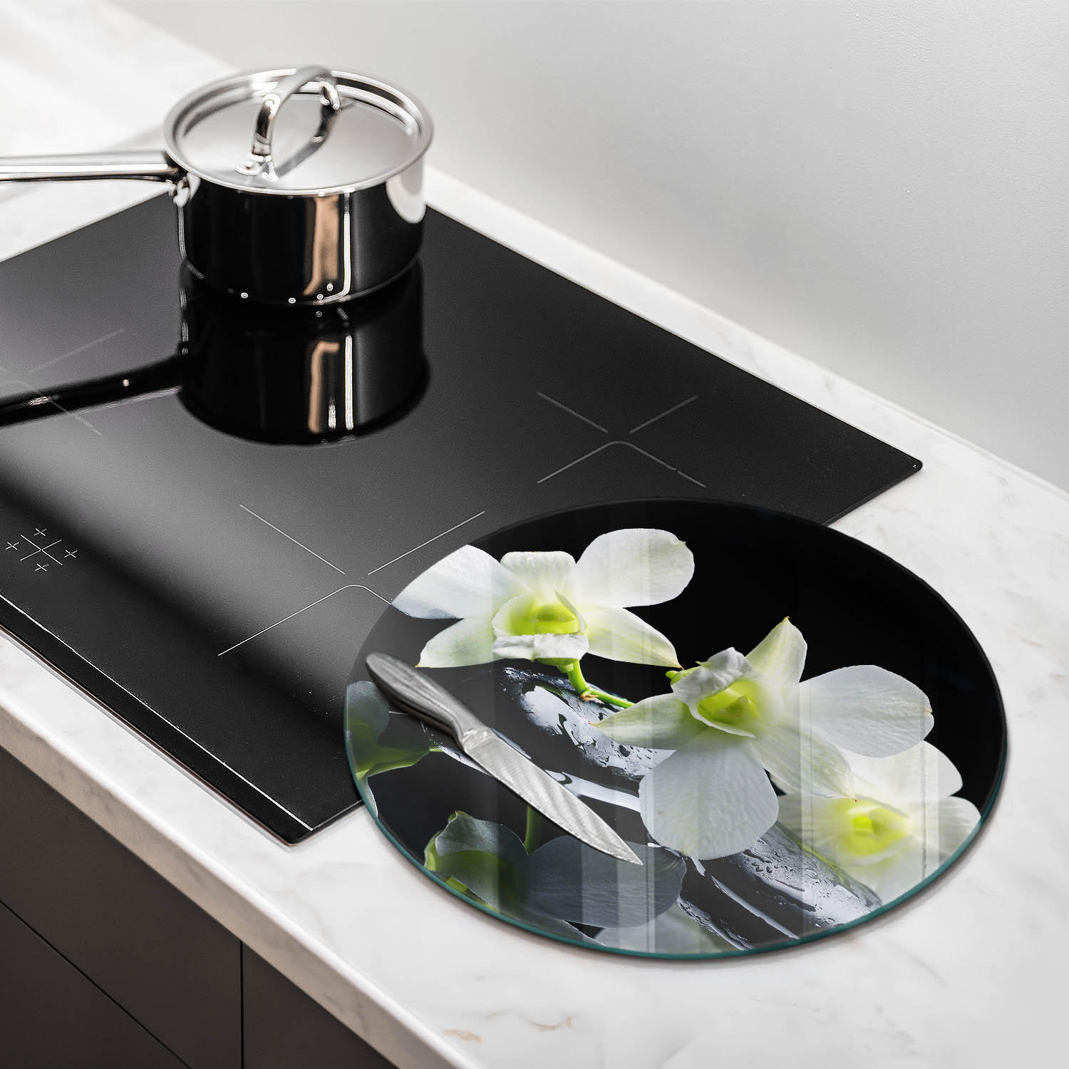 GLASPLATTE Ø 40 cm Zen Weiße Blumen im Wasser - Nickelfarben, Glas (40/40cm) - Wallfluent
