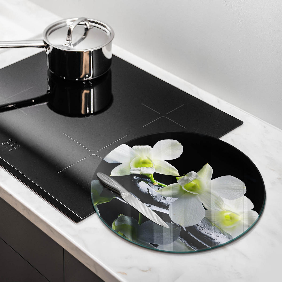 GLASPLATTE Ø 40 cm Zen Weiße Blumen im Wasser - Nickelfarben, Glas (40/40cm) - Wallfluent