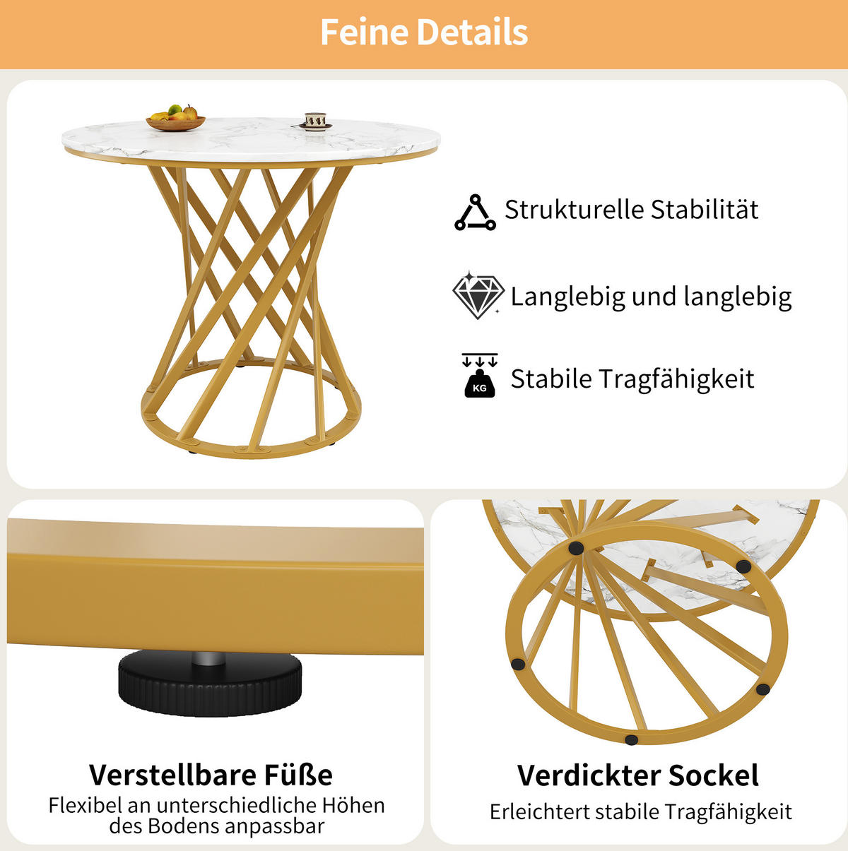 ESSTISCH 80/80/76 cm Weiß Gold runder Tisch mit marmorierter MDF-Platte und Metallbeinen - Goldfarben, Holzwerkstoff (80/80/76cm) - OKWISH