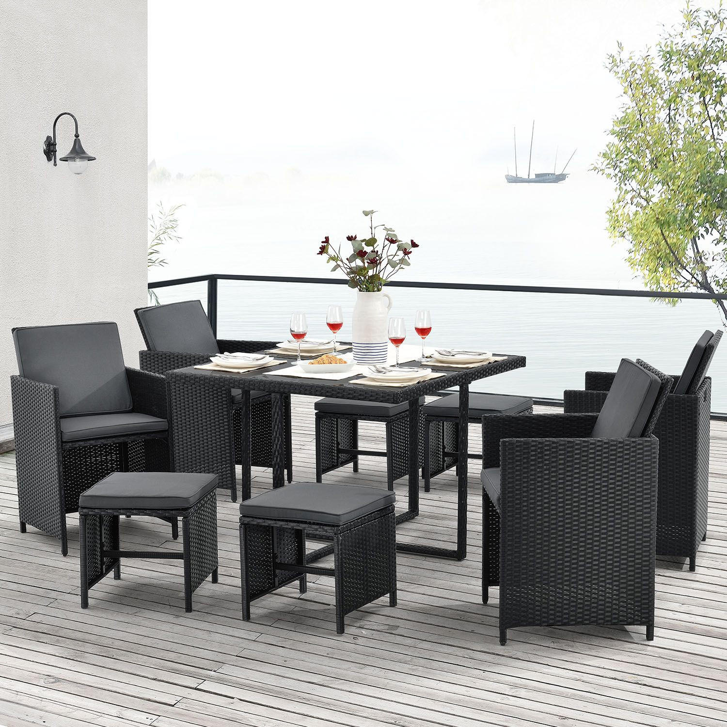 GARTENMÖBELSET Baracoa schwarz 9-tlg. - Schwarz, Kunststoff/Metall - Juskys