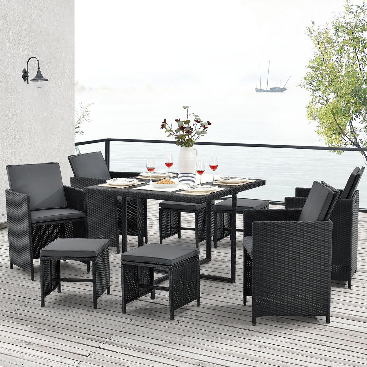 GARTENMÖBELSET Baracoa schwarz 9-tlg. - Schwarz, Kunststoff/Metall - Juskys