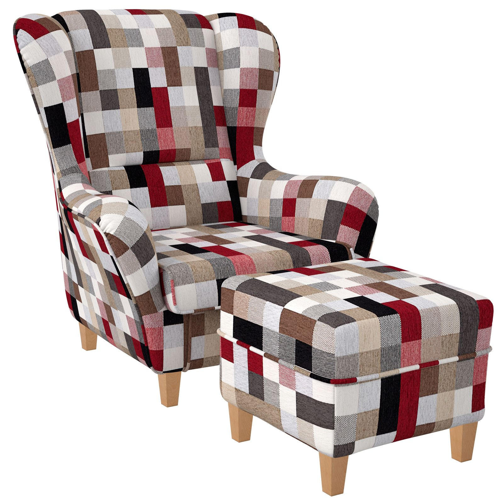 OHRENSESSEL Sofia Relaxsessel mit Hocker | Patchwork kariert bunt gedeckt - Birkefarben, Textil (92/68/95cm) - Supellex