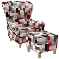OHRENSESSEL Sofia Relaxsessel mit Hocker | Patchwork kariert bunt gedeckt - Birkefarben, Textil (92/68/95cm) - Supellex