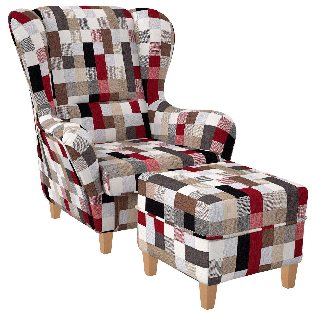 OHRENSESSEL Sofia Relaxsessel mit Hocker | Patchwork kariert bunt gedeckt - Birkefarben, Textil (92/68/95cm) - Supellex